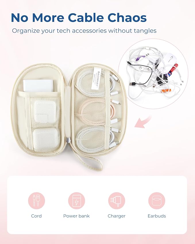 BAGSMART Cord Organizer Travel Cable Bag, Compact Tech Electronic Organizer Travel Case, Essentials for Charger, Cable, Phone, Flash drive - Beige - Image 3