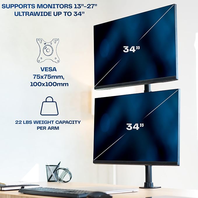 VIVO Dual Monitor Desk Mount Stand with Height Adjustment and VESA Plates for 2 LCD Ultrawide Screens up to 34 inches, Stacked Array, STAND-V002R - Image 4