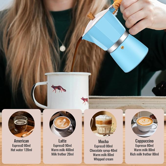 3 Cup Aluminum Moka Pot Classic Stovetop Espresso Coffee Maker 150ml 5oz Coffeemaker Percolator Mocha Pot Greca Coffee Maker Cafe Makers for Italian and Cuban Café Brewing Blue - Image 7