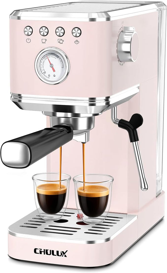 CHULUX Slim Espresso Machine with Milk Frother for Home Cappuccino, Pink | Precise Pressure Gauge, Food-Grade Materials, 20 Bar Italian Pump, Professional Temperature Control System, Stainless Steel by CHULUX