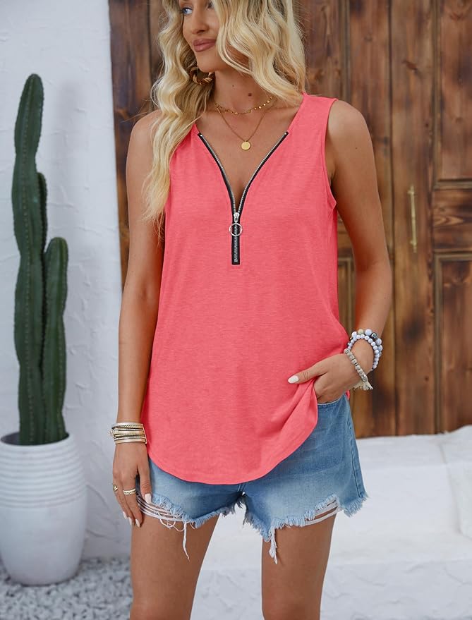 Halife Womens Half Zip V Neck Tank Tops Summer Sleeveless Shirts Casual Loose Top Blouses T Shirts - Image 3