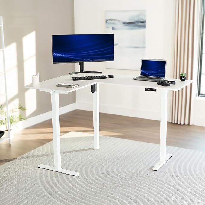 VIVO White 63 x 47 in Corner Standing Desk, DESK-E3CTW-47 | Electric, Reversible L-Shaped Table, Sit Stand, Height Adjustable, Memory Controller, Office Furniture Sets, White Frame - Image 2