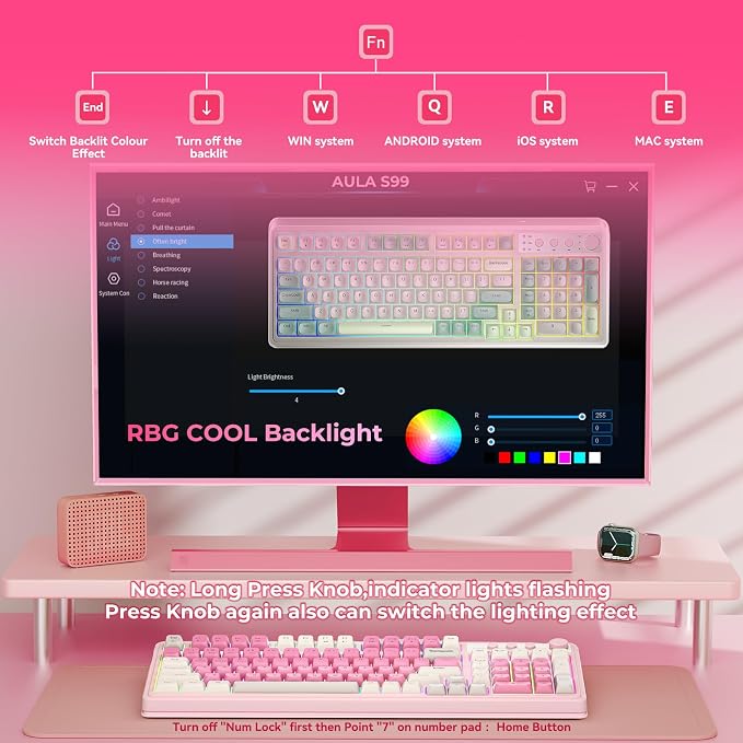 AULA S99 Gaming Keyboard, Wireless Computer Keyboards with Media Knob | 99 Keys Membrane Keyboard,RGB Backlit,Tri-Mode BT/2.4GHz/USB-C,2000mAh Rechargeable Thocky Clicky Creamy Sounding Keyboard - Image 5