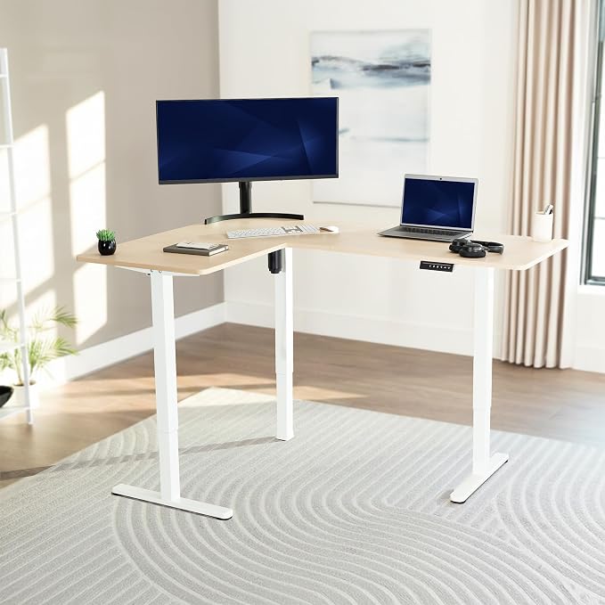 VIVO Light Wood 63 x 47 in Corner Standing Desk, DESK-E3CTWC-47 | Electric, Reversible L-Shaped Table, Sit Stand, Height Adjustable, Memory Controller, Office Furniture Sets, White Frame - Image 2