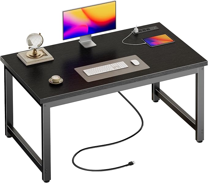 Huuger 48 x 24 inch Desk with Power Outlets & USB-C, Deeper & Thicker Desktop, Robust Metal Tubes, Computer Desk, Heavy Duty Office Desk, Work Gaming Desk for Home Office, Black by Huuger