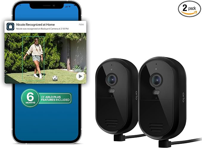 Arlo Essential Security Camera 2K (2025 Release) + 6 Months of Secure Plus Plan - Continuous Wired Plug-in Power Outdoor Camera, Person Recognition, Package Detection, Animated Preview, 2 Cam, Black by Unknown