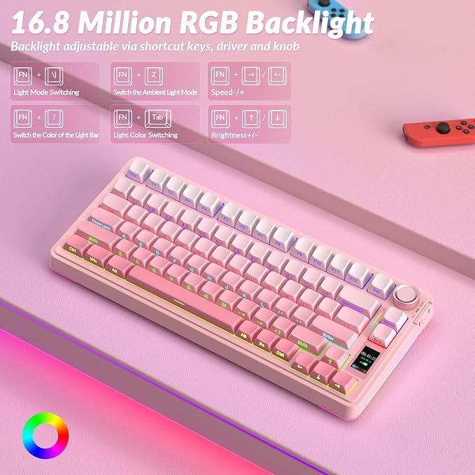 AULA S75 PRO Wireless Mechanical Keyboard with Screen&Knob, Tri-Mode Hot Swappable Gaming Keyboard 75%, Pre-lubed Switches, RGB Backlit, Side Printed PBT Keycaps, Creamy Sounding Pink Keyboards - Image 5