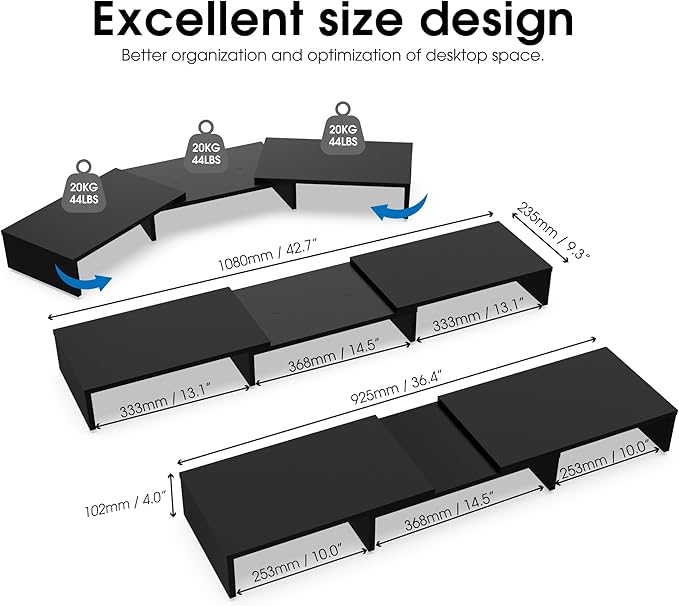 FITUEYES Dual Monitor Stand Riser, Adjustable Length and Angle, Black | Wooden 3-Shelf Design, Supports up to 55lbs, Flexible for Standard Corner Space, Holds Monitor, Laptop, Phone, Printer - Image 4