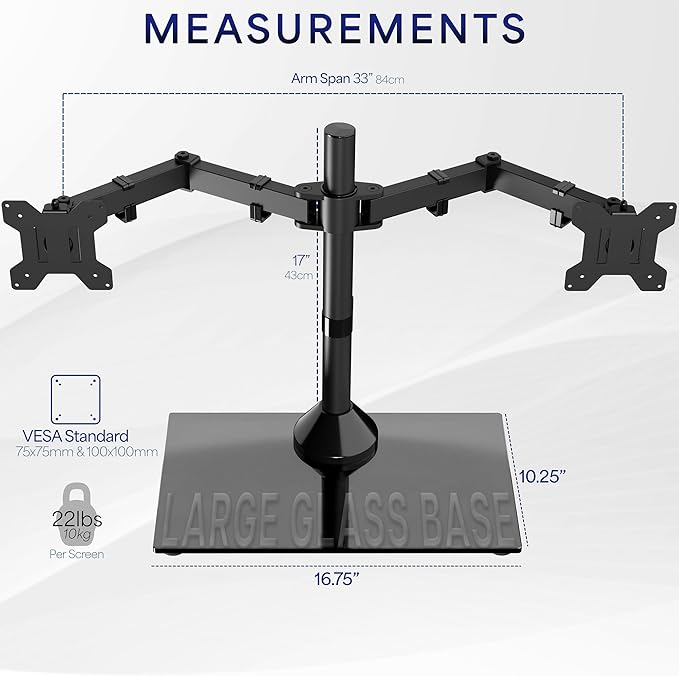VIVO Freestanding Dual Monitor Stand with Sleek Glass Base and Adjustable Arms, Mounts 2 Screens up to 32 inch and 22 lbs Each, Black, STAND-V002FG | Articulating, Freestanding Adjustable Monitor Arm, Black with Glass Base, Computer Stand for 2 Monitor... - Image 4