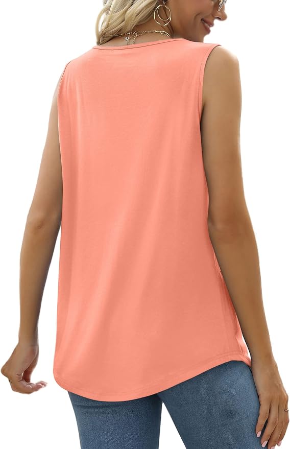 Saloogoe Summer Tank Tops for Women Loose Fit Pleated Square Neck Sleeveless Tops Curved Hem Flowy - Image 4