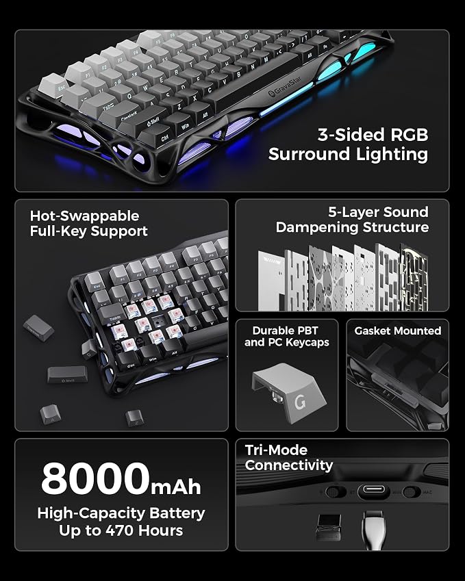 GravaStar Mercury K1 75% Wireless Mechanical Gaming Keyboard RGB Backlit | Gasket Mount, Hot Swappable Linear Switches, Creamy Sound Keyboard, 2.4GHz/USB-C/Bluetooth 5.0, for Win/Mac【Gradient Black】 - Image 7