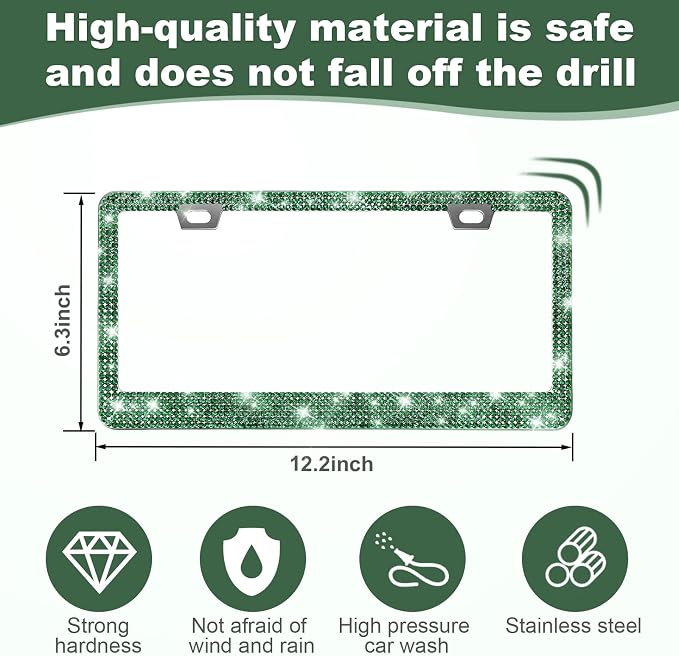 QUANQIUFEI 2 Pack Bling License Plate Frames for Women, Sparkly Rhinestone Diamond Car Accessories with Glitter Crystal Caps (Dark Green) - Image 2