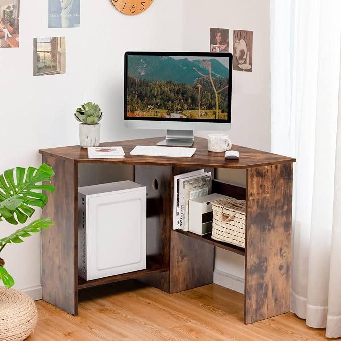 Tangkula Corner Desk, 90 Degrees Triangle Computer Desk for Small Space, Bedroom Makeup Vanity Desk with Storage Shelves & CPU Stand, Space Saving by TANGKULA