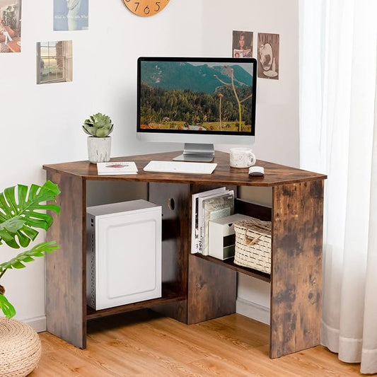 Tangkula Corner Desk, 90 Degrees Triangle Computer Desk for Small Space, Bedroom Makeup Vanity Desk with Storage Shelves & CPU Stand, Space Saving by TANGKULA
