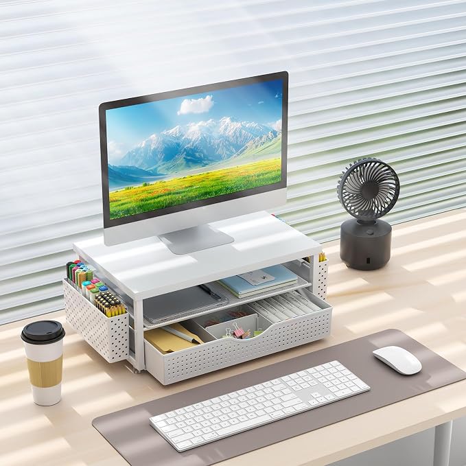 gianotter Desk Organizers and Accessories, Monitor Stand with Drawer and 2 Pen Holder, Desktop Organizer Suitable for Offices and Dormitories (White-Plain) - Image 7