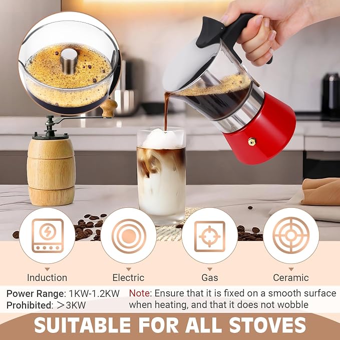 4 Cup 200ml Glass Moka Pot, Stovetop Espresso Maker, Red | Crystal Glass-top & Stainless Steel Coffee Maker, Induction Compatible, for Greca de Cafe, Cuban and Italian Coffee Brewing - Image 4