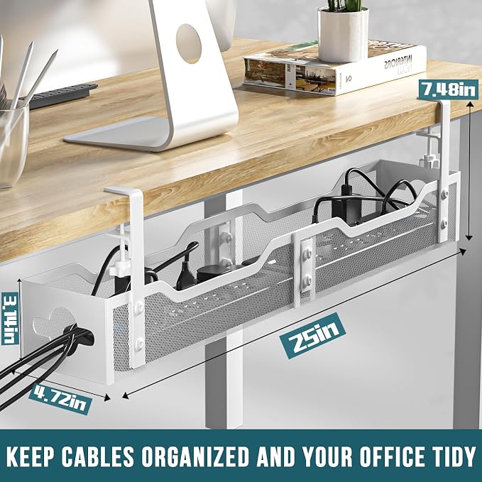 Under Desk Cable Management Tray White, Litwaro Cable Management Under Desk No Drill, 25'' Cable Tray with Clamp for Wire Management, Cord Organizer for Office, Home - No Damage to Table - Image 4