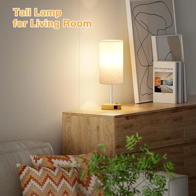 Dicoool 17.4" Bedside Lamp for Bedroom - Dimmable Touch, USB A+C, AC Outlet | LED Bulb Included, 3-Way Dimmable, 17.4" Table Lamp for Guest Room, Living Room, Fabric Lampshade, Wood-Grain Metal Base - Image 7