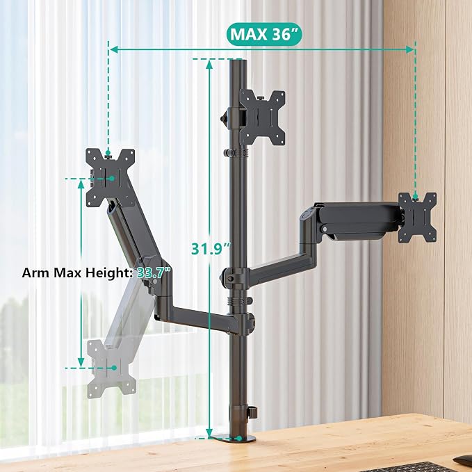 WALI Triple Monitor Mount for 13-27 inch Screens, Taller 3 Monitor Desk Mount, up to 19.8lbs, 31.9 inch Height Max, Adjustable Triple Monitors Stand, VESA 75/100mm (GSDM003S), Black - Image 6