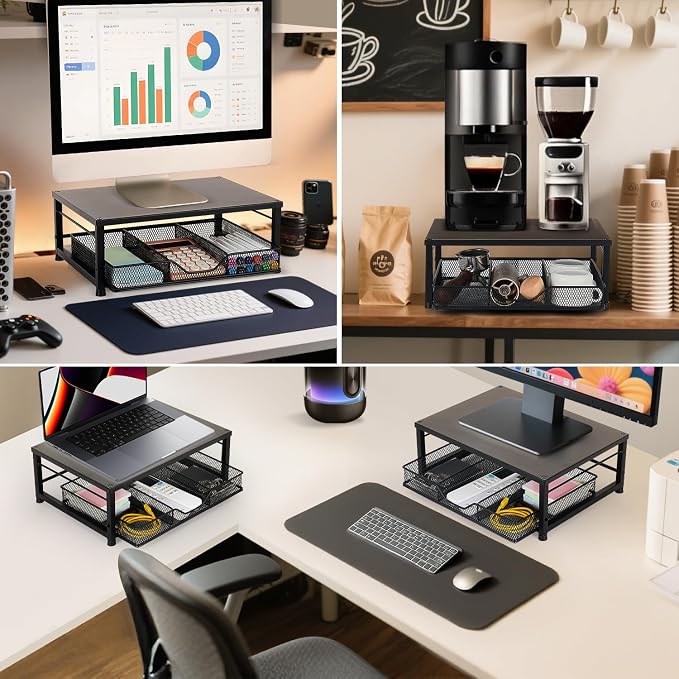 Small Laptop Stand for Desk, Monitor Stand Riser, Desk Organizer for Office Organization, Office Desk Accessories, Computer Desktop Stand with Drawer for Home, Office, School (Black) - Image 4