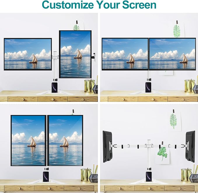 MOUNT PRO Dual Monitor Stand, Free-Standing Full Motion Monitor Desk Mount Fits 2 Screens up to 27 inches,17.6lbs with Height Adjustable, Swivel, Tilt, Rotation, VESA 75x75 100x100,White - Image 3