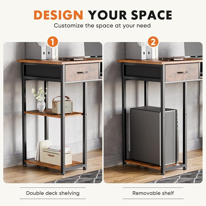 47 Inch Computer Desk with 2 Drawers, Home Office Desk with Wooden Shelves, Study Writing PC Table for Small Spaces, Bedroom, Dorm or Living Room, Rust - Image 6