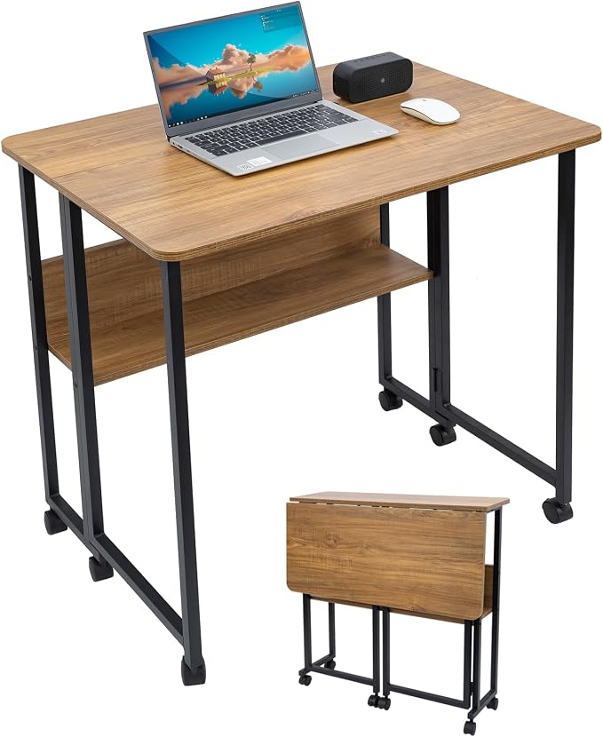 Mobile Foldable Computer Desk with Lockable Wheels & Fixed Foot Pads,Space Saving Folding Writing Gaming Table with Storage Shelf,Laptop Desk for Bedroom Small Apartment Office by Windpost