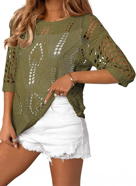 EVALESS Womens Crochet Hollow Out Knit Tops Half Sleeve Spring Summer Sweaters Beach Cover Ups for Women Trendy 2026 by EVALESS