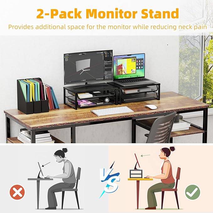 Ekisemio 2-Pack 2-Tier Monitor Stand Riser with Drawer, Metal Computer Desk Organizer for Home Office, Black - Image 5