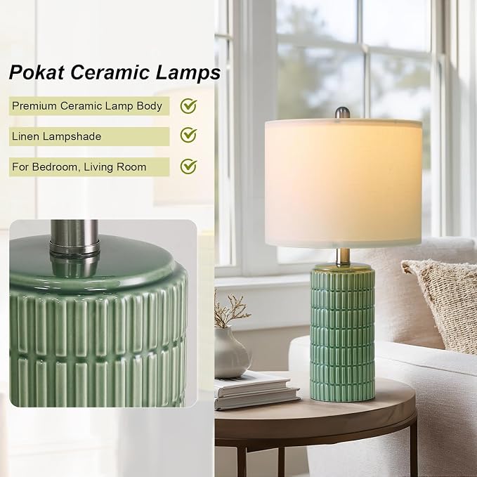 PoKat 20.75" Small Modern Ceramic Table Lamps Set of 2 for Bedroom, Green Bedside Lamps for Night Stands, Farmhouse House Decor Nightstand Table Lamps for Living Room End Table Green - Image 7