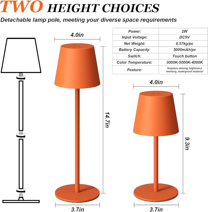 Kakanuo Cordless Table Lamp Rechargeable Orange - KK 2 Pack 5000mAH Battery Operated Lamp for Counter, 3 Color Stepless Dimming Wireless Lamp for Dining Kitchen, Outdoor Patio, Touch Control - Image 5