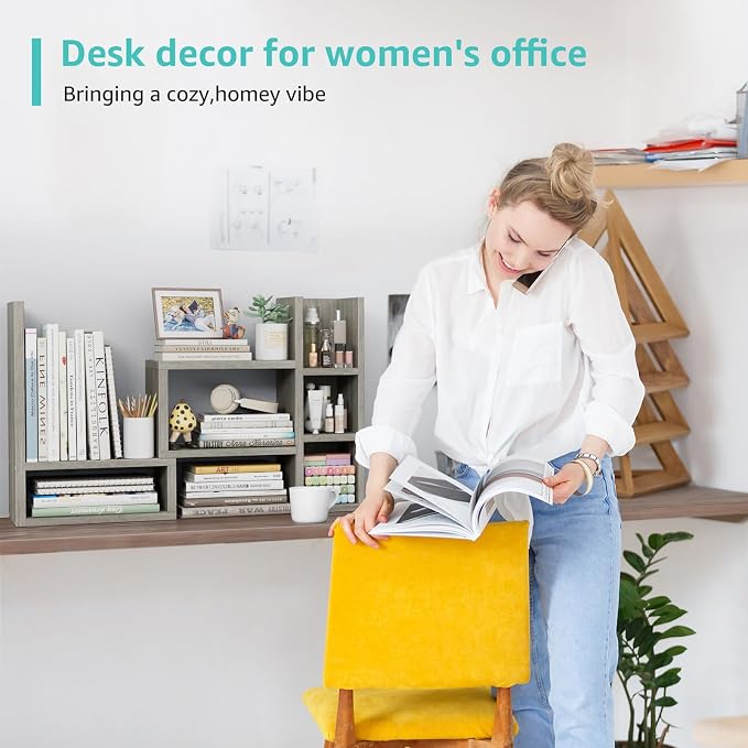 NUTIKAS Desk Shelves Desktop Organizer Shlef - Grey Office Organization for Top of Desk Organizers and Accessories Corner Bookshelf Table Top Shelving Small Hutch Decorations for Office - Image 6