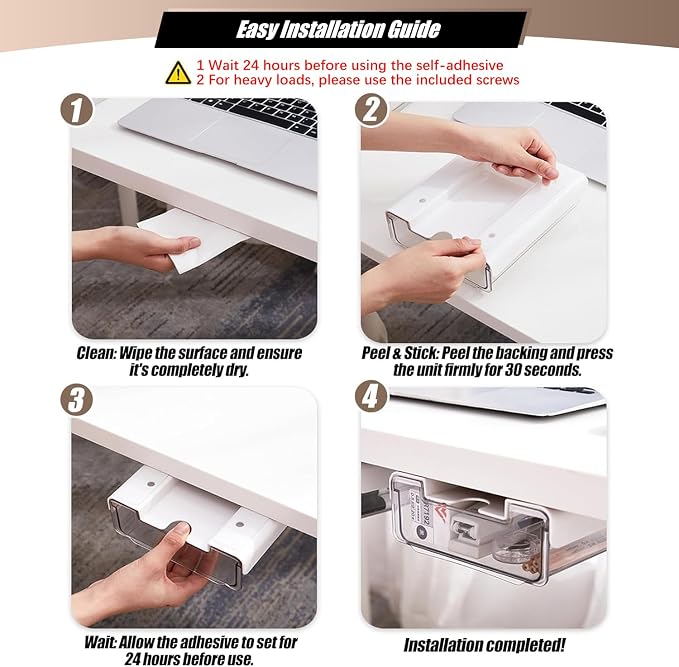 TooCust 2 Pack Under Desk Storage Drawers Slide Out-Drill-On or Self-Adhesive,Large&Medium Drawer Under Desk Organizer Under Table Drawer for Home Office School Organization and Storage - Image 5