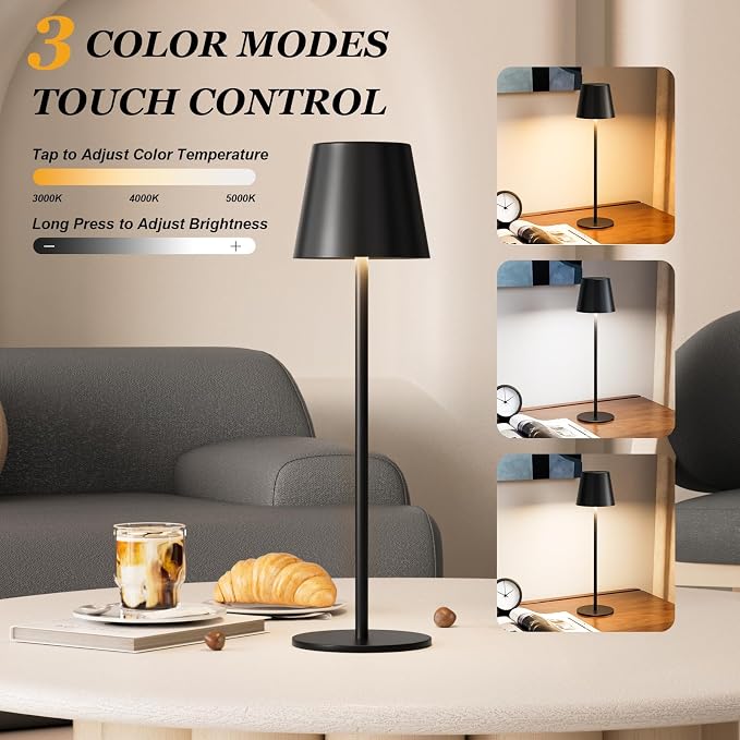 Kakanuo 20" Black Cordless Table Lamp Rechargeable - 2 Pack 5000mAH Battery Operated Lamp for Counter, 3 Color Stepless Dimming Wireless Lamp for Dining Table, Touch Control - Image 4