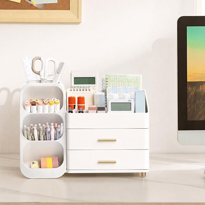 HBlife Desk Organizer with Pen Pencil Holder for Desk, Pen Organizer with 2 Drawers, Desk Organizers and Accessories with 4 Compartments, Desktop Storage for Office Home School Art Supplies, All White - Image 3