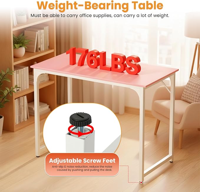 PayLessHere | 39 Inch Computer Desk | Pink | Office Desk with Metal Frame, Adjustable Feet | Water-Resistant, Scratchproof Surface | Sturdy Writing Table for Home Office or Study | Pack of 1 - Image 7
