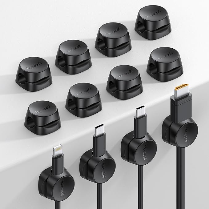 Lamicall 12 Pack Spring Cord Organizer Clips, Cable Management for Desk | Office Accessories, Dorm Room Bedroom Nightstand Adhesive Phone Charger Cord Holder Wire Keeper, Black by Lamicall