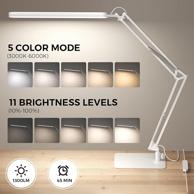 SKYLEO LED Desk Lamp with Slim Base - Adjustable Swing Arm Desk Light, Dimmable, Timer, Eye Protection, Memory Function, 1300LM, 12W, White - Image 2