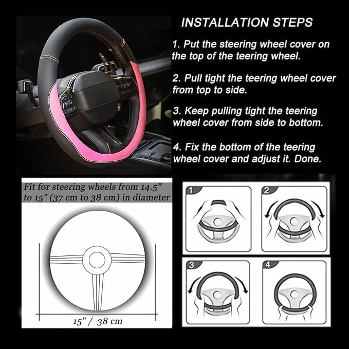 Valleycomfy Microfiber Leather Steering Wheel Cover Universal 15 inch(Pink) - Image 7