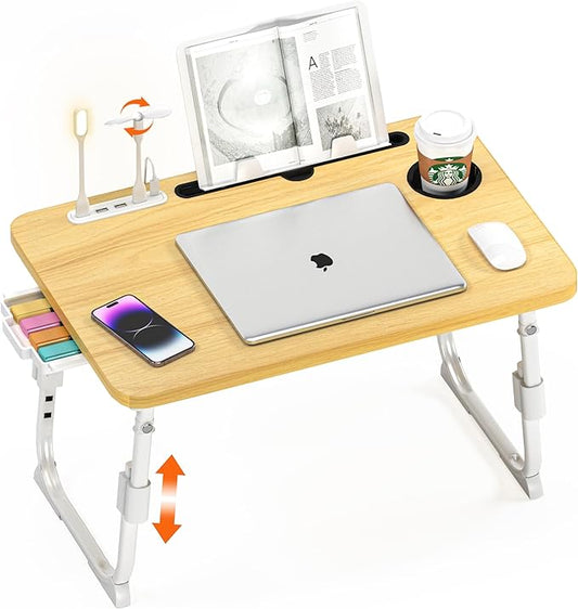 Lap Desk for Bed, Adjustable Laptop Desk with USB Charging Port, Storage Drawer & Bookshelf — Foldable Bed Desk for WFH & Students, 23.6" Desktop Fits 22" Laptop, Non-Slip, Wood by PlayimaginationtodecorateHomeOffice