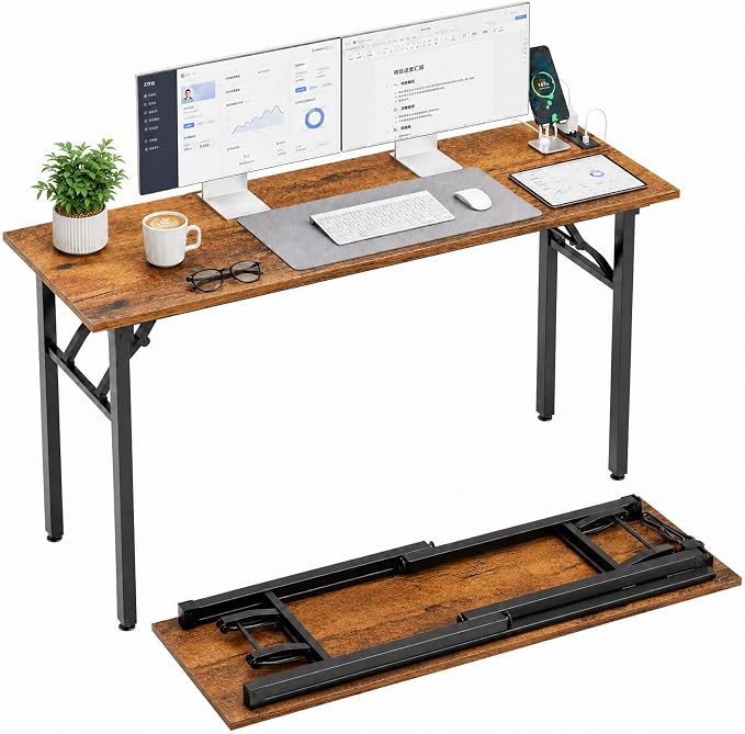 Folding Table Computer Desk - 55.1" No Assembly Folding Desk with Power Outlets & USB Charging Port, Small Desk, Foldable Office Desk, Compact Storage Portable Use for Small Space, Rustic Brown by HMFOR