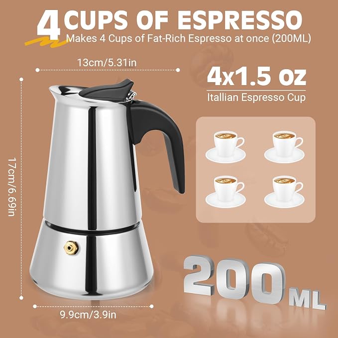 4 Cup Stainless Steel Moka Pot, 200ml Stovetop Espresso Maker, Silver - Image 6