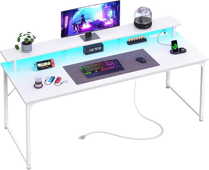 PRAISUN 55 inch Gaming Desk, LED & Power Outlets, Monitor Stand, White | Sturdy PC Desk for Home Office, Study & Work, LED Lights, 4 AC Outlets & USB-C Charging Station by PRAISUN