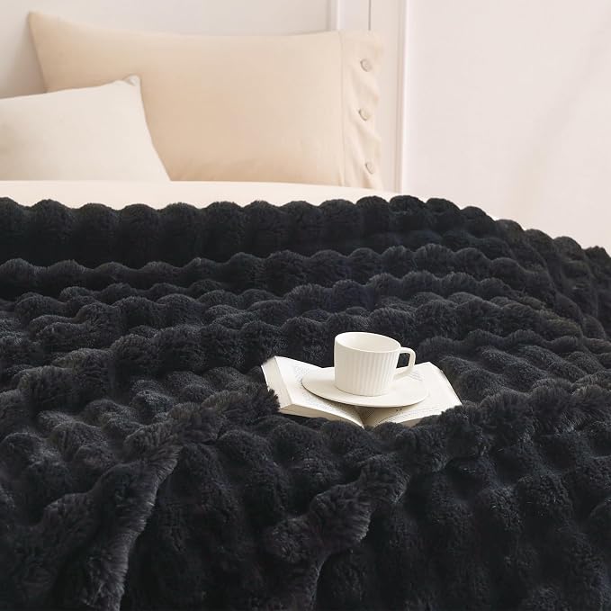 COOVA Faux Fur Throw Blanket for Couch, Cozy Soft and Fuzzy Plush Rabbit Fur Bubble Blanket for Sofa Bedroom Living Room, 60x80 Inches Black - Image 3