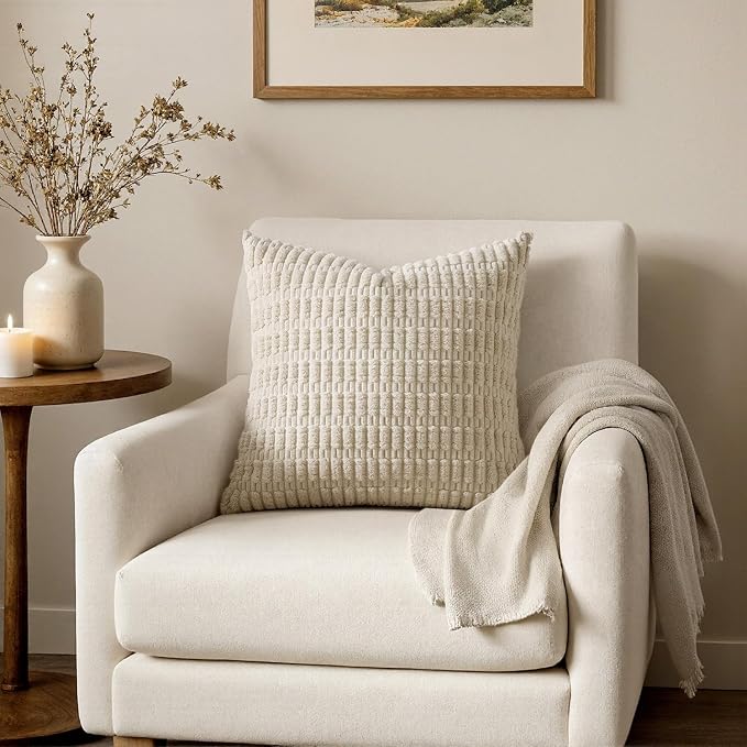 MIULEE Pack of 2 Corduroy Decorative Throw Pillow Covers 12x12 Inch Soft Boho Striped Pillow Covers Modern Farmhouse Home Decor for Sofa Living Room Couch Bed Cream White - Image 4