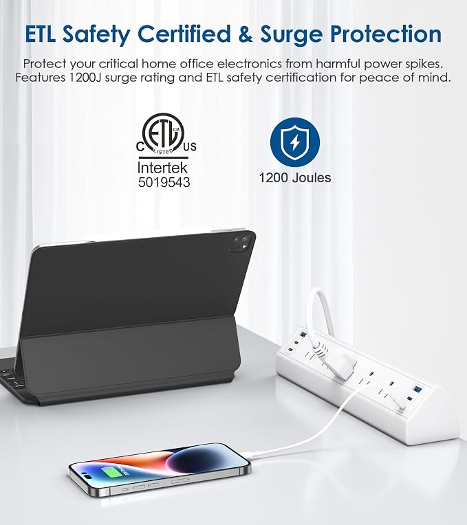 Jgstkcity Desk Clamp Power Strip USB C,Table Surge Protector | 1200J,Total 40W Charging Hub,5 Outlets & 6 USB,6FT Extension Cord,Fits 1.96" Desktop Edge,Office,Gaming,Dorm,White - Image 3