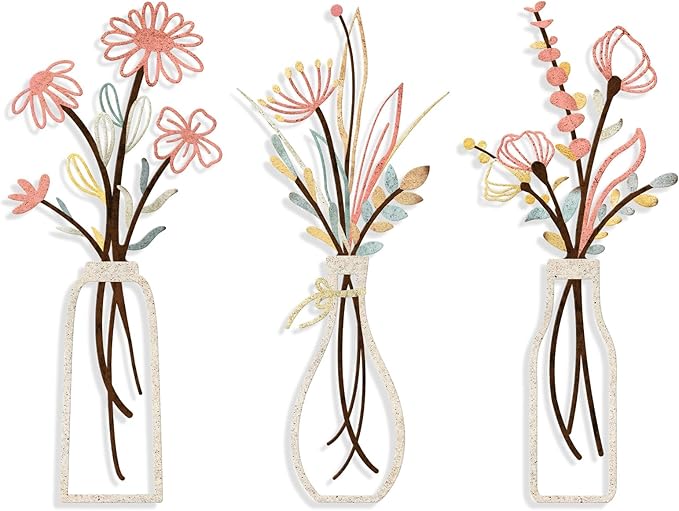Pigort 3 Pieces Metal Flowers Wall Arts - Rustic Farmhouse Style Décor Metal Wall Art Black Minimalist Flower Natural Themed Wall Decors for Home Bedroom Dining Room Housewarming (Pink Beige) by Artisinfiniteloveiseternaljustlikepi