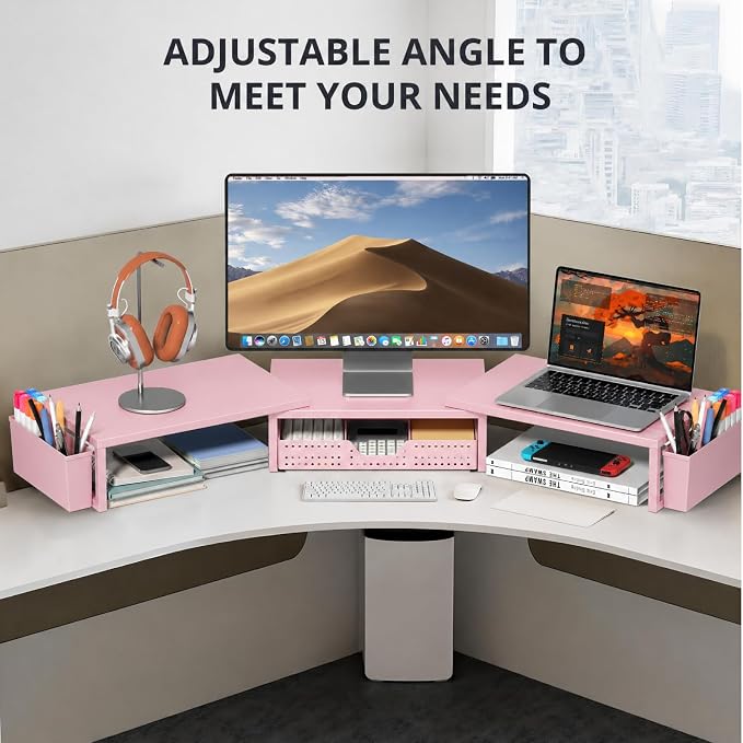 OPNICE Desk Organizers and Accessories, Dual Monitor Stand Riser with Drawer and 2 Pen Holders, Desk Shelf Wood Computer Racks for Office Workspace Organizers, Desktop Organization (Pink Wood) - Image 6