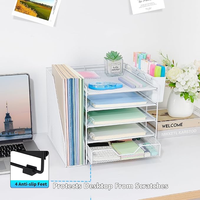 Desk Organizers and Accessories, 5-Tier Paper Letter Tray Organizer with File Holder, Drawer & Pen Holder, Office Desk Accessories, Desktop Organizer for Classroom Office Supplies, White - Image 5