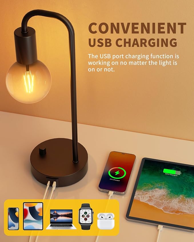 ONEWISH Industrial Table Lamp Set of 2 with USB C&A Charging Port, Stepless Dimmable Nightstand Bedside Lamps for Bedroom,Desk Lamps with 2700K Black Gradient Bulb for Reading Living Room,Office - Image 2